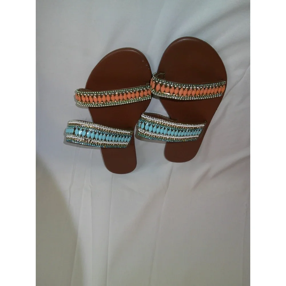 Beaded Slide Sandals Turquoise Orange Straps‎ Flats Shoes Women's Size 8